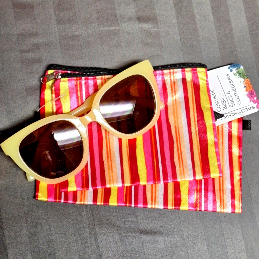 NWT Striped Cosmetic Bag with Sunglasses